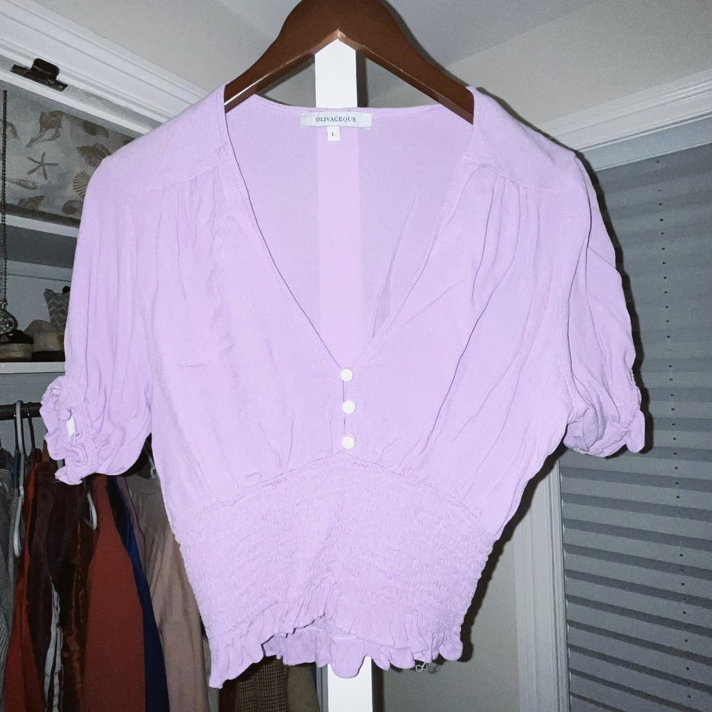 Olivaceous Buttoned Ruffled Top in Lilac